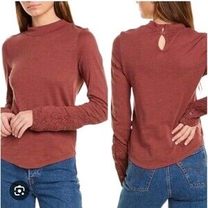 We The Free Hooked On You Beaded Embroidered Cuffs Mock Neck Tee Shirt Boho Lg